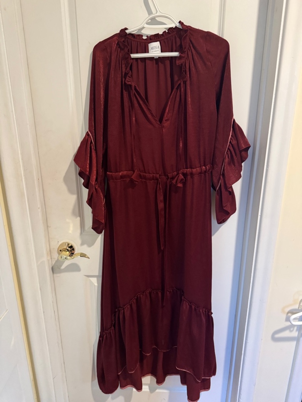 Misa Los Angeles Wine Red Ruffled Maxi Dress